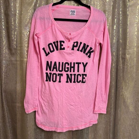 Vintage PINK Y2K 2000s Naughty Not Nice Sleep Pajama Shirt Soft XS - Picture 1 of 6
